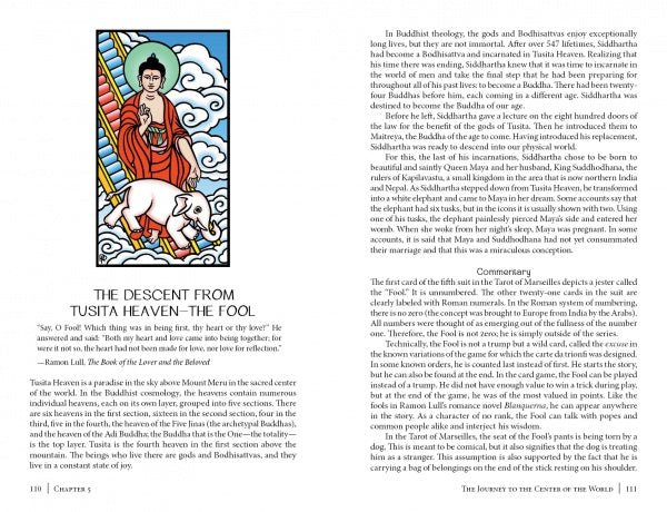 A page from The Buddha Tarot by Schiffer Publishing, Ltd. offers insights like the Major Arcana, guiding readers on an enlightening journey.