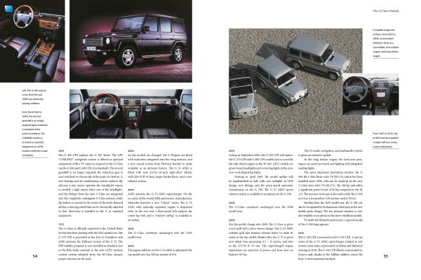 A magazine spread showcases The Mercedes-Benz G-Class by Schiffer Publishing, Ltd., with dashboard, exterior, and interior images, plus model cars on gravel, alongside columns detailing the all-wheel-drive SUV’s history.