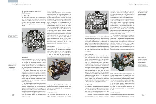 Two pages from The Mercedes-Benz G-Class by Schiffer Publishing, Ltd. feature text, engine diagrams, three black-and-white technical drawings, and a color photo showing all-wheel-drive engine components and assemblies.