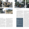 A Schiffer Publishing, Ltd. magazine spread showcases photos of military vehicles and luxury SUVs, including The Mercedes-Benz G-Class, parked at exhibitions and in deserts, alongside detailed captions and text columns.