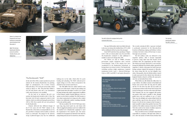 A Schiffer Publishing, Ltd. magazine spread showcases photos of military vehicles and luxury SUVs, including The Mercedes-Benz G-Class, parked at exhibitions and in deserts, alongside detailed captions and text columns.