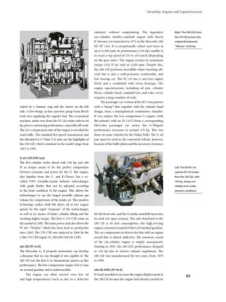 A page from "The Mercedes-Benz G-Class" by Schiffer Publishing, Ltd. shows technical articles with two engine diagrams, detailed captions about G-Class engines, AWD systems, specs, and dense text columns; page 67 appears in the bottom right.