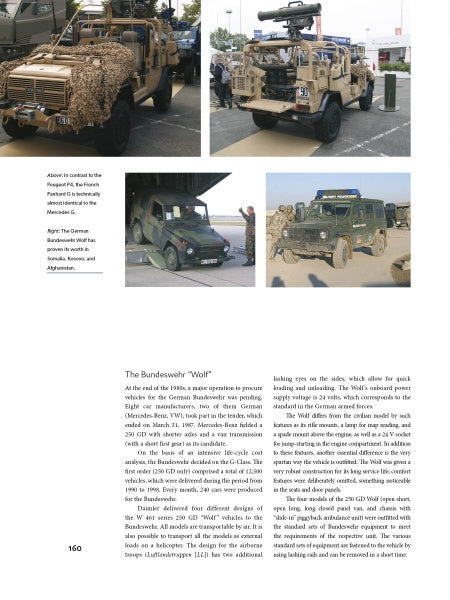 A magazine page from Schiffer Publishing, Ltd. features military vehicles, such as armored Land Rovers and The Mercedes-Benz G-Class, with descriptive text about their specs and roles.