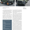 A magazine page displays two green all-wheel-drive Mercedes-Benz G-Class vehicles with spare tires on the hoods, parked outdoors. Text discusses the model, published by Schiffer Publishing, Ltd., with a gray info box in the lower left corner.