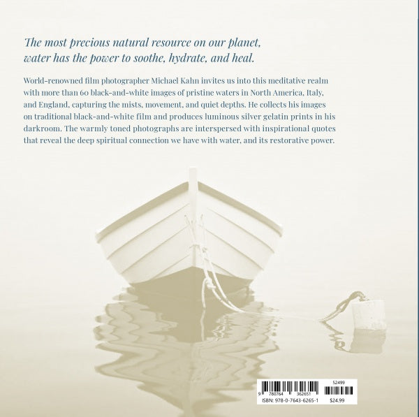A white rowboat floats on calm water beneath a pale sky in "Healing Power of Water" by Schiffer Publishing, Ltd.—a striking black-and-white print exuding peace, with the boat’s mirror image and subtle text above and beside it.
