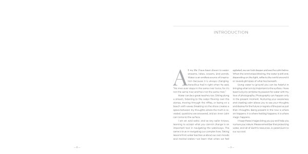 In Schiffer Publishing, Ltd.’s "Healing Power of Water," a two-page spread shows the right page titled INTRODUCTION with text, and the left page mostly blank except for a subtle water photo inspired by Michael Kahn’s style at the bottom.