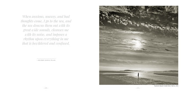 On a vast, empty beach beneath dramatic skies, sunlight breaks through clouds. The calm, contemplative mood echoes Michael Kahn’s style. A quote appears on the left. From Healing Power of Water by Schiffer Publishing, Ltd.