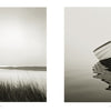 Two black-and-white prints from *Healing Power of Water* (Schiffer Publishing, Ltd.): tall grass by a calm shoreline under a hazy sky, and a rowboat reflected in still water—both tranquil, minimalist water scenes.