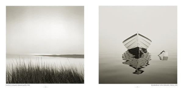 Two black-and-white prints from *Healing Power of Water* (Schiffer Publishing, Ltd.): tall grass by a calm shoreline under a hazy sky, and a rowboat reflected in still water—both tranquil, minimalist water scenes.