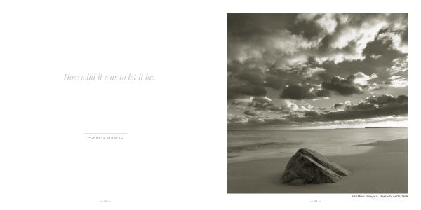 A sepia-toned photo from Healing Power of Water by Schiffer Publishing, Ltd. shows a large rock on a sandy beach under dramatic clouds. A quote on the left reads, “How wild it was to let it be.” —Cheryl Strayed. Ideal for classic print lovers.