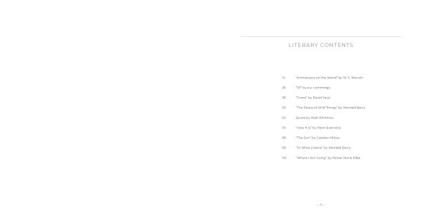 A table of contents titled “Literary Contents” lists works and page numbers by various authors, plus a Michael Kahn photography feature, on a mostly white background in Martha's Vineyard by Schiffer Publishing, Ltd. Text is small and right-aligned.