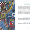 A vibrant painting from the Outsider Art Tarot by Schiffer Publishing, Ltd. shows a primitive shamanic figure with raised arms, wide eyes, headdress, and patterned attire amid celestial shapes on The Shaman card of this unique tarot deck.