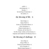 Table of contents from Living by Schiffer Publishing, Ltd. with headings: blessing of life, blessing of challenge; chapters include Path of Seeker, Energy of Spirit, self realization, and personal empowerment with page numbers.
