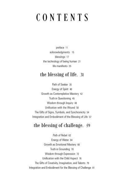 Table of contents from Living by Schiffer Publishing, Ltd. with headings: blessing of life, blessing of challenge; chapters include Path of Seeker, Energy of Spirit, self realization, and personal empowerment with page numbers.