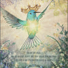 A radiant blue-green hummingbird with a golden crown glows midair amid whimsical florals, inspired by Schiffer Publishing, Ltd.’s Hummingbird Wisdom Oracle Cards. Beneath is the text: “Do not feel small... Powerful Warrior.”.