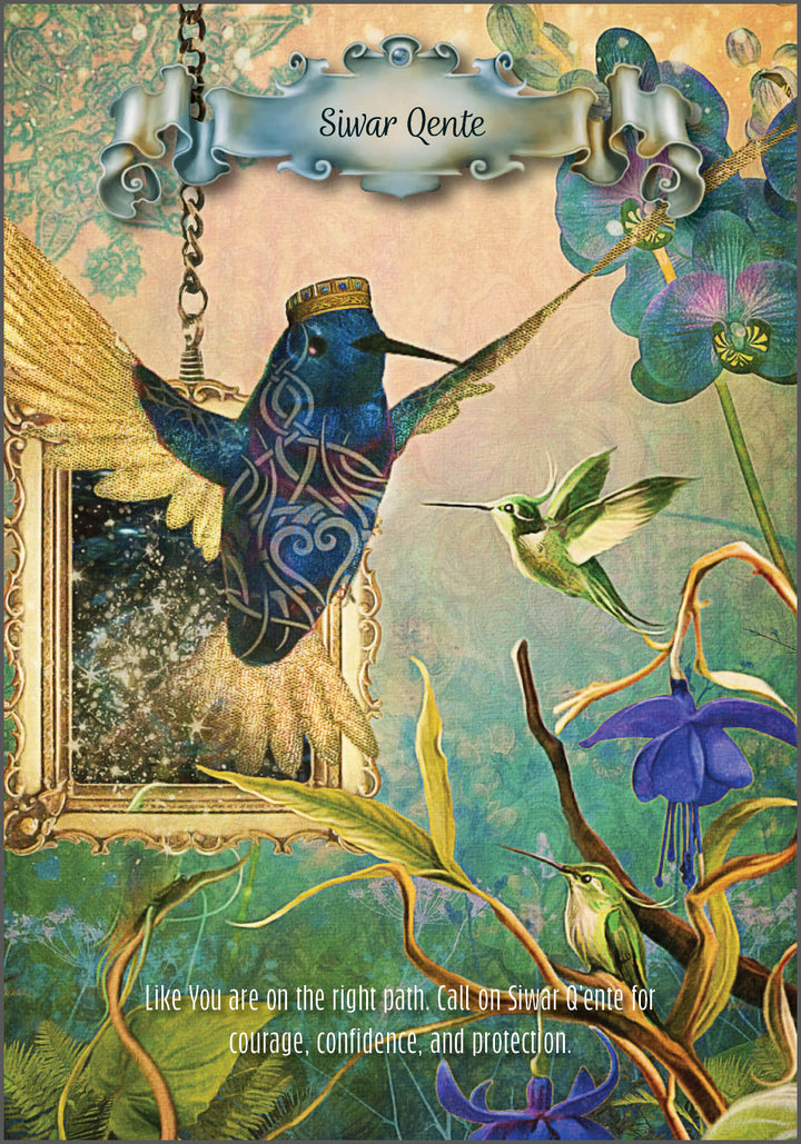 A mystical hummingbird with ornate patterns hovers by a gold-framed window and blue flowers, accompanied by another green hummingbird. From Hummingbird Wisdom Oracle Cards by Schiffer Publishing, Ltd: call on Siwar Q’ente for courage and growth.