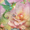 A vibrant hummingbird with butterfly wings, inspired by the Hummingbird Wisdom Oracle Cards from Schiffer Publishing, Ltd., nears a green butterfly above a glowing flower amid butterflies, a rainbow, and sparkles. Text: “Bouquets of Blessings” and an uplifting affirmation.