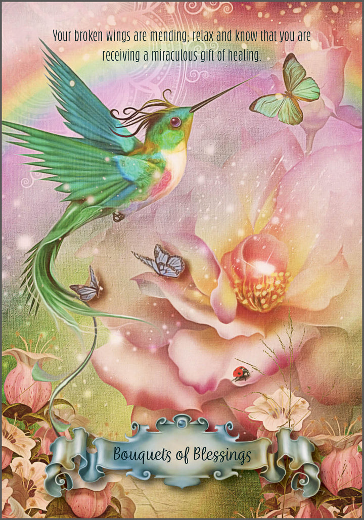 A vibrant hummingbird with butterfly wings, inspired by the Hummingbird Wisdom Oracle Cards from Schiffer Publishing, Ltd., nears a green butterfly above a glowing flower amid butterflies, a rainbow, and sparkles. Text: “Bouquets of Blessings” and an uplifting affirmation.