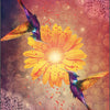 Two vibrant hummingbirds with colorful wings hover near a glowing yellow flower, symbolizing personal growth, amid intricate patterns on a warm, textured backdrop. Art from the Hummingbird Wisdom Oracle Cards by Schiffer Publishing, Ltd.