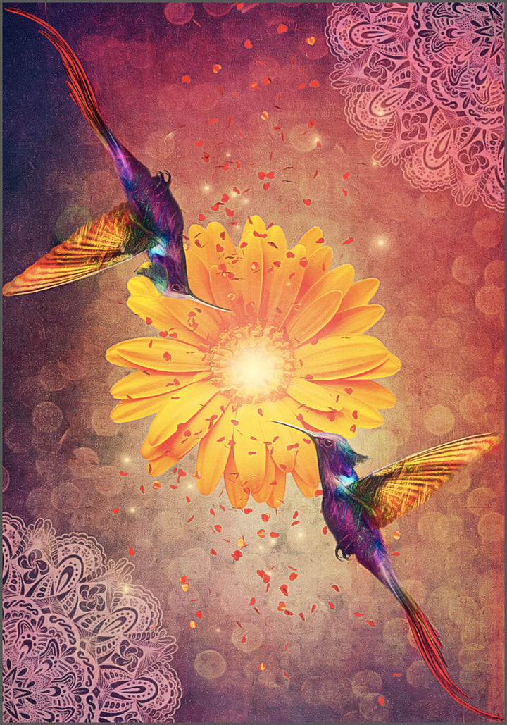 Two vibrant hummingbirds with colorful wings hover near a glowing yellow flower, symbolizing personal growth, amid intricate patterns on a warm, textured backdrop. Art from the Hummingbird Wisdom Oracle Cards by Schiffer Publishing, Ltd.