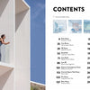 A woman leans on a glass balcony of a modern white building under a blue sky. Beside her, a table of contents features numbered sections and images from "Concrete Houses" by Schiffer Publishing, Ltd., showcasing architectural design.