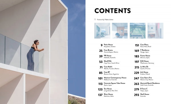 A woman leans on a glass balcony of a modern white building under a blue sky. Beside her, a table of contents features numbered sections and images from "Concrete Houses" by Schiffer Publishing, Ltd., showcasing architectural design.