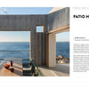A contemporary concrete patio with a wooden table and chairs faces the sea, framed by open walls. Striking architecture is highlighted, alongside text about "Concrete Houses" by Schiffer Publishing, Ltd. on the right.
