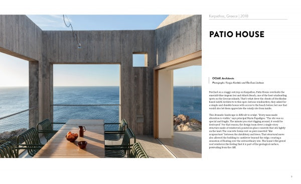 A contemporary concrete patio with a wooden table and chairs faces the sea, framed by open walls. Striking architecture is highlighted, alongside text about "Concrete Houses" by Schiffer Publishing, Ltd. on the right.