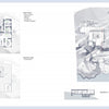 Architectural plans from Concrete Houses by Schiffer Publishing, Ltd. show labeled first and second floor layouts, a site plan with terrain and house placement, plus a section view—each rendered in sculptural blue and gray tones.
