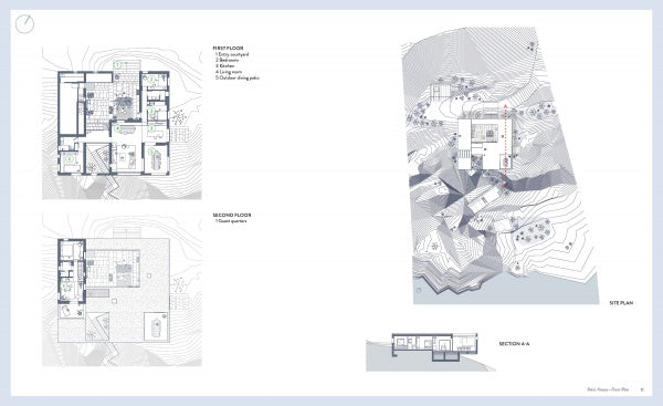 Architectural plans from Concrete Houses by Schiffer Publishing, Ltd. show labeled first and second floor layouts, a site plan with terrain and house placement, plus a section view—each rendered in sculptural blue and gray tones.