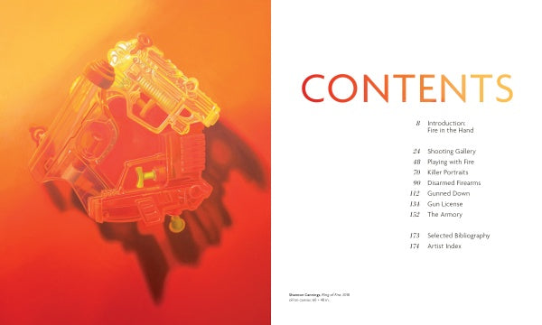 A translucent orange plastic toy gun, referencing contemporary art and gun culture, is lit from the left, casting a red shadow. To the right, "CONTENTS" appears in bold with chapter titles and page numbers for Loaded by Schiffer Publishing, Ltd.
