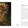 A two-page spread from Loaded by Schiffer Publishing, Ltd. shows a helmeted figure with flames on the left, while the right page—titled "FIRE IN THE HAND"—examines firearms and their impact in contemporary art.