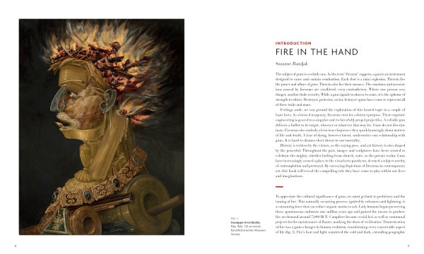 A two-page spread from Loaded by Schiffer Publishing, Ltd. shows a helmeted figure with flames on the left, while the right page—titled "FIRE IN THE HAND"—examines firearms and their impact in contemporary art.