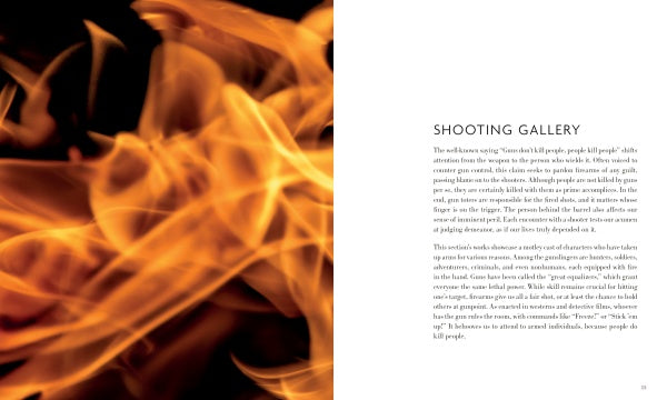 Abstract orange and yellow flames fill the left side of the image. On the right, a white background displays “Loaded” by Schiffer Publishing, Ltd., with black text examining themes of firearms in contemporary art.