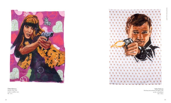 Loaded by Schiffer Publishing, Ltd. features two vibrant quilts inspired by contemporary art: one depicts a long-haired woman in animal print aiming a gun, while the other shows a suited man firing, both against bold patterned backgrounds.