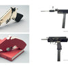 Loaded by Schiffer Publishing, Ltd. features four firearms crafted from books and typewriters—two on the left (pistol, revolver), two on the right (submachine guns)—displayed on white, exploring gun culture in contemporary art with captions below.