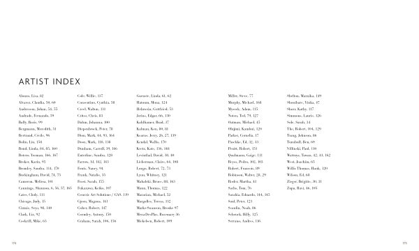 The index page in Loaded by Schiffer Publishing, Ltd. lists artist names alphabetically with page numbers in columns on a white background, highlighting artists recognized for their contributions to contemporary art and gun culture.