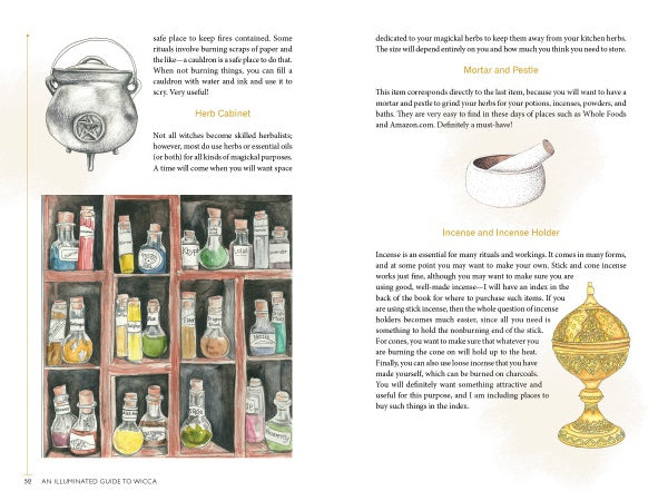 An Illuminated Guide to Wicca by Schiffer Publishing, Ltd. features illustrated pages with a cauldron, herb jars, a mortar and pestle, and an ornate incense holder—offering a visual Wiccan guide for pagan learning and tool use.