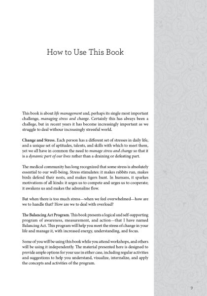 Page 9 of Schiffer Publishing, Ltd.’s "Balancing Act" features "How to Use This Book," introducing a mind-body-spirit program for personal growth, stress relief, and well-being through life management and change.