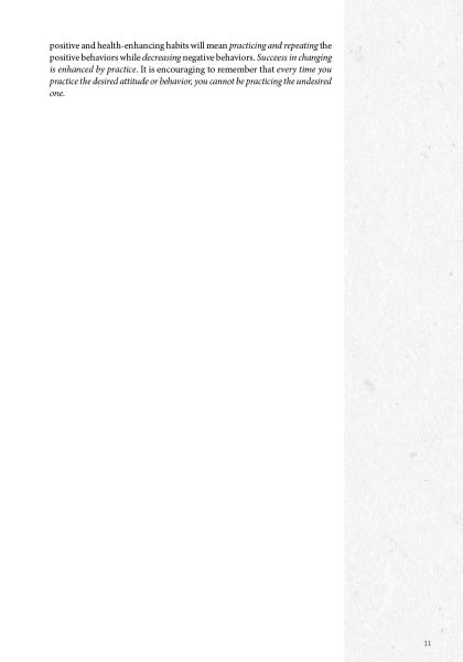 A mostly blank page from *Balancing Act* by Schiffer Publishing, Ltd. features top left text on practicing and repeating positive behaviors for well-being, highlighting a key sentence in bold italics, with page 11 at the bottom right.