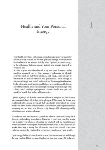 A page from "Balancing Act" by Schiffer Publishing, Ltd. titled “Health and Your Personal Energy” (page 1) discusses how body, mind, and spirit contribute to well-being, using a motor maintenance analogy to explain personal energy.