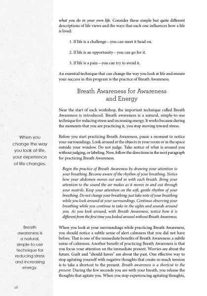 A page from Balancing Act by Schiffer Publishing, Ltd. explains Breath Awareness meditation, outlining mindful breathing steps for well-being. Sidebars state, “When you change the way you look at life, your experience of life changes,” and, “Breath awareness is a natural, simple-to-use technique.”.
