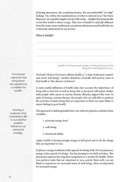 A page from Balancing Act by Schiffer Publishing, Ltd. defines health, focusing on personal energy and well-being. On the left, a gray box shows two quotes. Blank lines under “What is health?” invite reader reflection at the top.