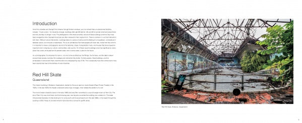 A two-page spread from Memories of Australia by Schiffer Publishing, Ltd.: Left page features "Introduction" and "Red Hill Skate Queensland"; right page shows an abandoned indoor skate park with a rusted roof, overgrowth, and graffiti.