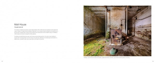 In Memories of Australia by Schiffer Publishing, Ltd., a two-page spread shows "Malt House Queensland" with text on the left and an abandoned Australian industrial room—rusty machines, moss, and peeling paint—on the right.