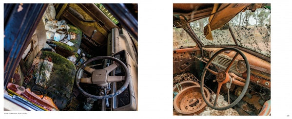 Two photos from Schiffer Publishing's "Memories of Australia" show the interiors of abandoned cars: the left features cluttered bags and debris, while the right displays a rusty dashboard, steering wheel, and a dirty, damaged windshield.