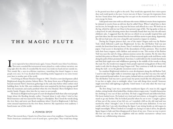 Two pages from Schiffer Publishing, Ltd.'s "Mysterious Messages from Beyond" feature a chapter titled "The Magic Flute" describing phantom calls near Mount Shasta, Native American storytelling, and a section called "A Power Spot.