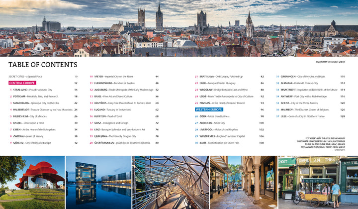The table of contents in Secret Cities of Europe by Schiffer Publishing, Ltd. lists hidden European cities and regions by section, featuring a cityscape with photos of modern buildings, riverwalks, and street markets. Central and Western Europe sections include page numbers.