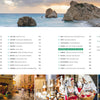 A sunset view of Aphrodite’s Rock decorates the contents page of Secret Cities of Europe by Schiffer Publishing, Ltd., with small photos of landmarks, markets, and festivals from Europe’s hidden cities displayed along the bottom.