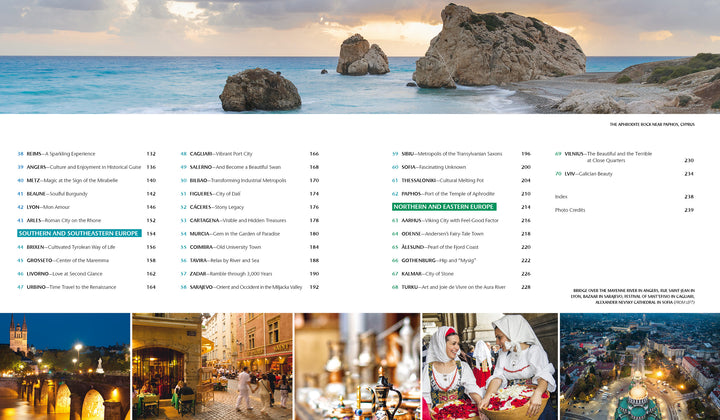 A sunset view of Aphrodite’s Rock decorates the contents page of Secret Cities of Europe by Schiffer Publishing, Ltd., with small photos of landmarks, markets, and festivals from Europe’s hidden cities displayed along the bottom.